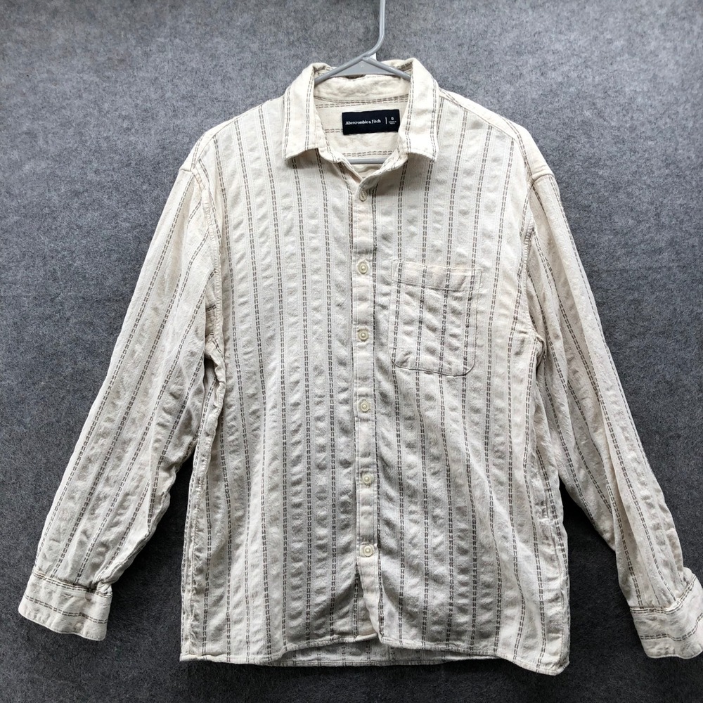 Abercrombie & Fitch Cotton Linen Blend Shirt Mens S Beige Striped Long Sleeve